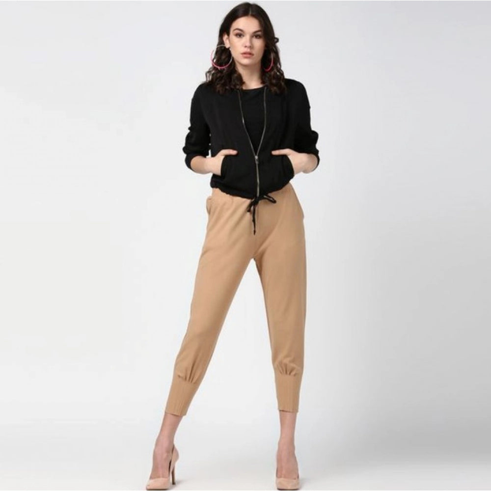 HD Women's Polyester Solid Elasticated Trousers (Beige)