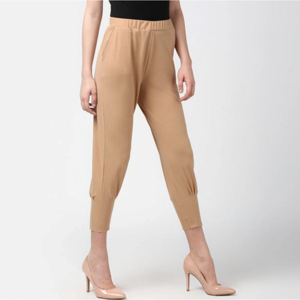 HD Women's Polyester Solid Elasticated Trousers (Beige)