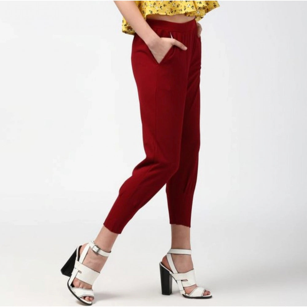 HD Women's Polyester Solid Elasticated Trousers (Maroon)