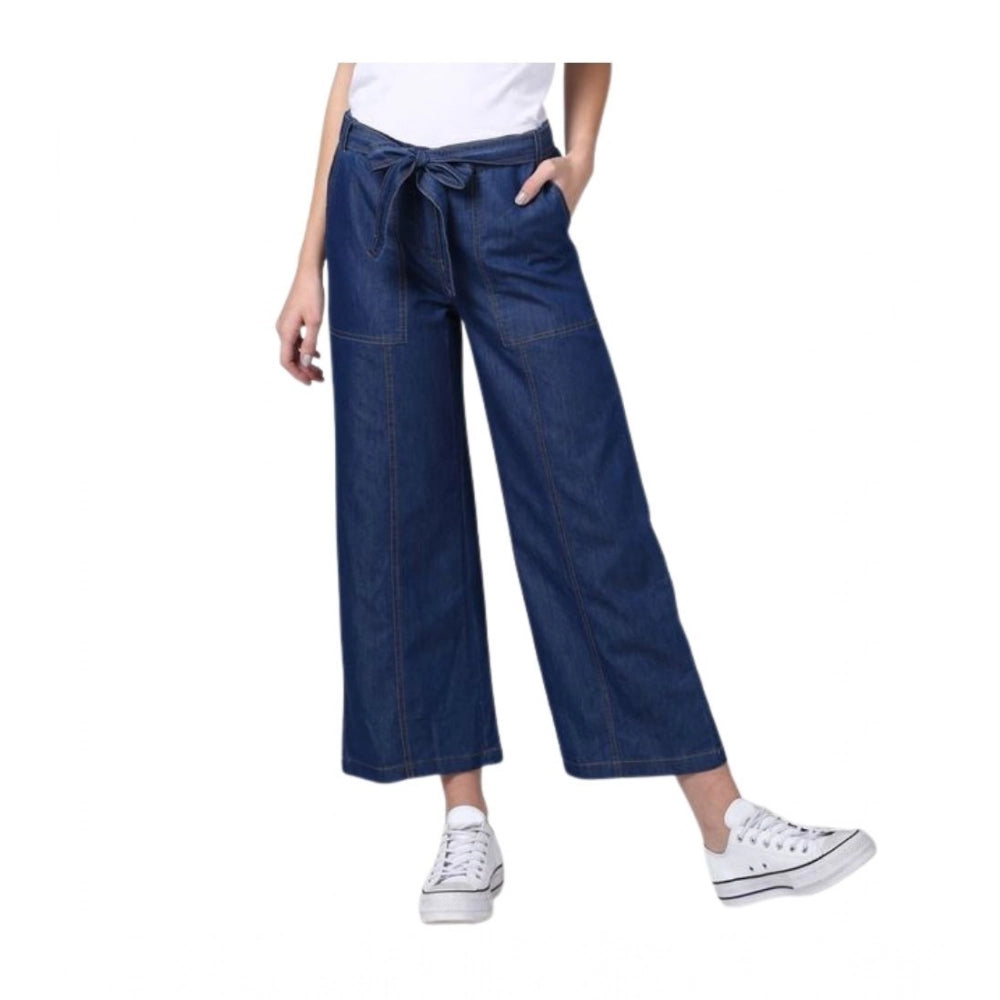 HD Women's Denim Solid Elasticated Trousers (Blue)