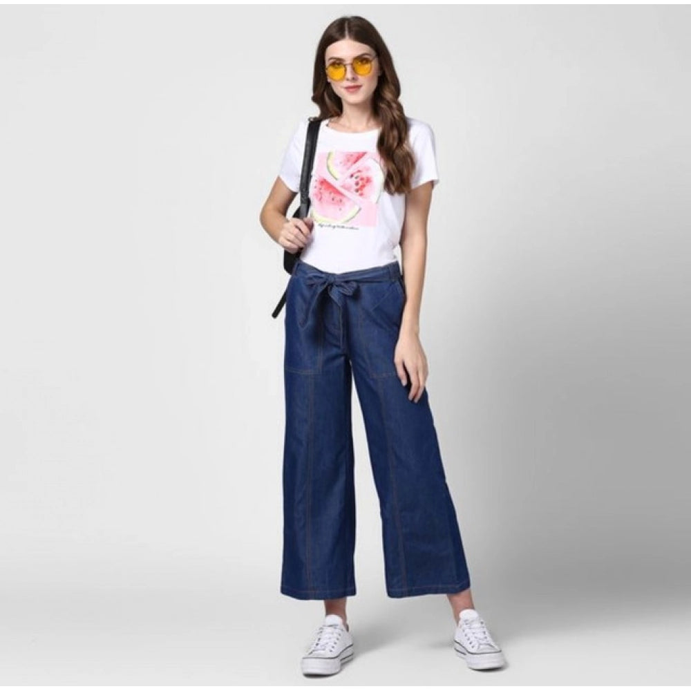HD Women's Denim Solid Elasticated Trousers (Blue)