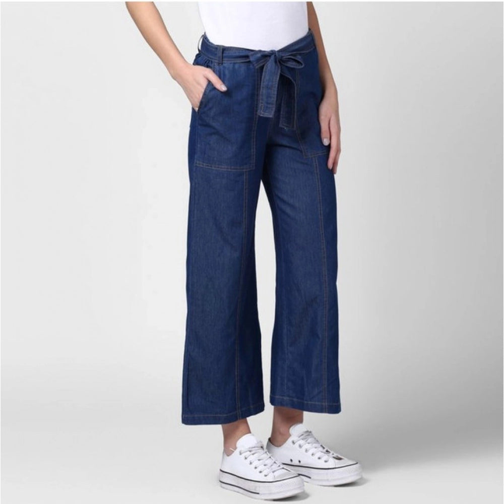 HD Women's Denim Solid Elasticated Trousers (Blue)