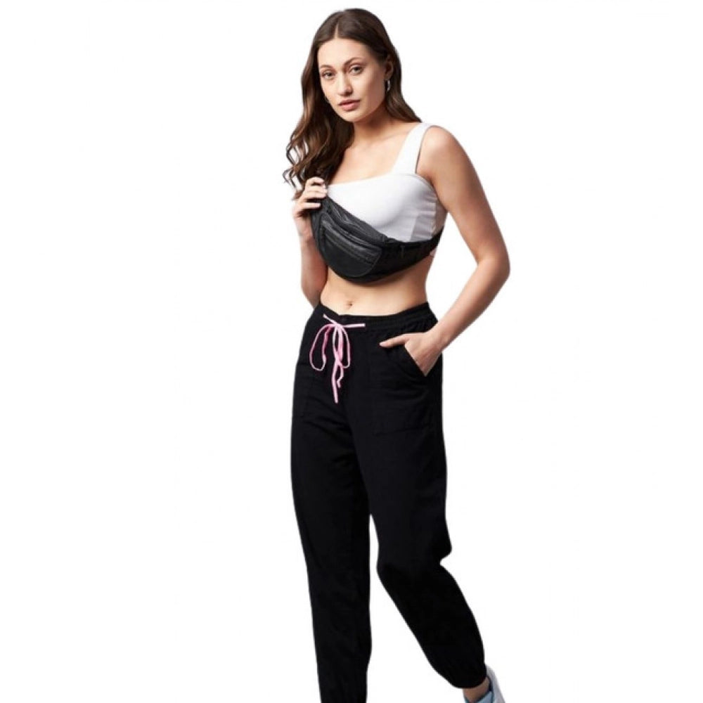 HD Women's Cotton Twill Solid Elasticated Trousers (Black)