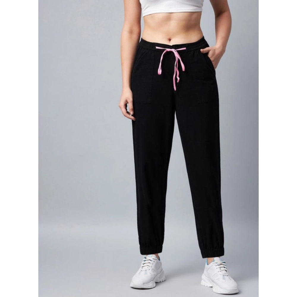 HD Women's Cotton Twill Solid Elasticated Trousers (Black)