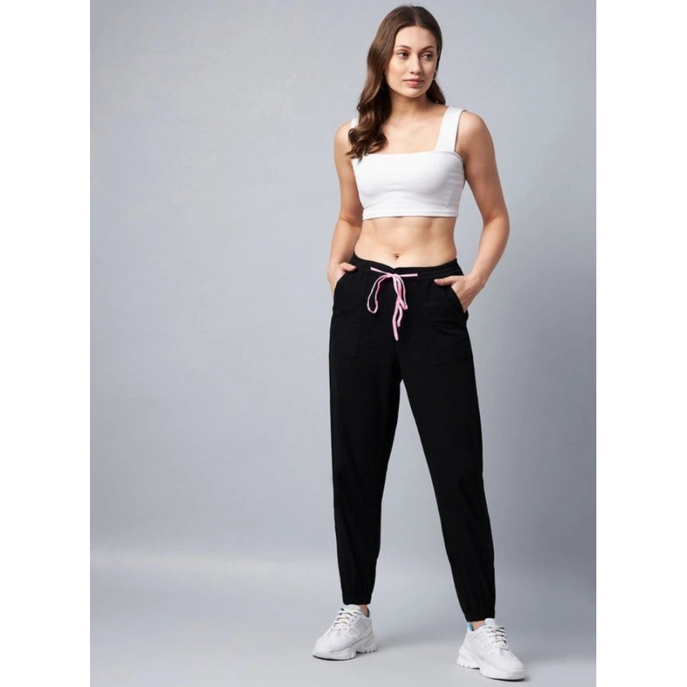 HD Women's Cotton Twill Solid Elasticated Trousers (Black)