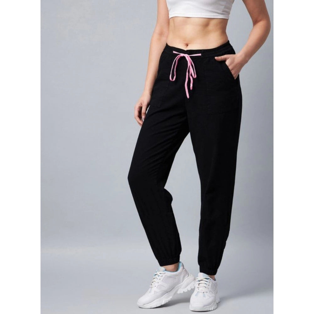 HD Women's Cotton Twill Solid Elasticated Trousers (Black)