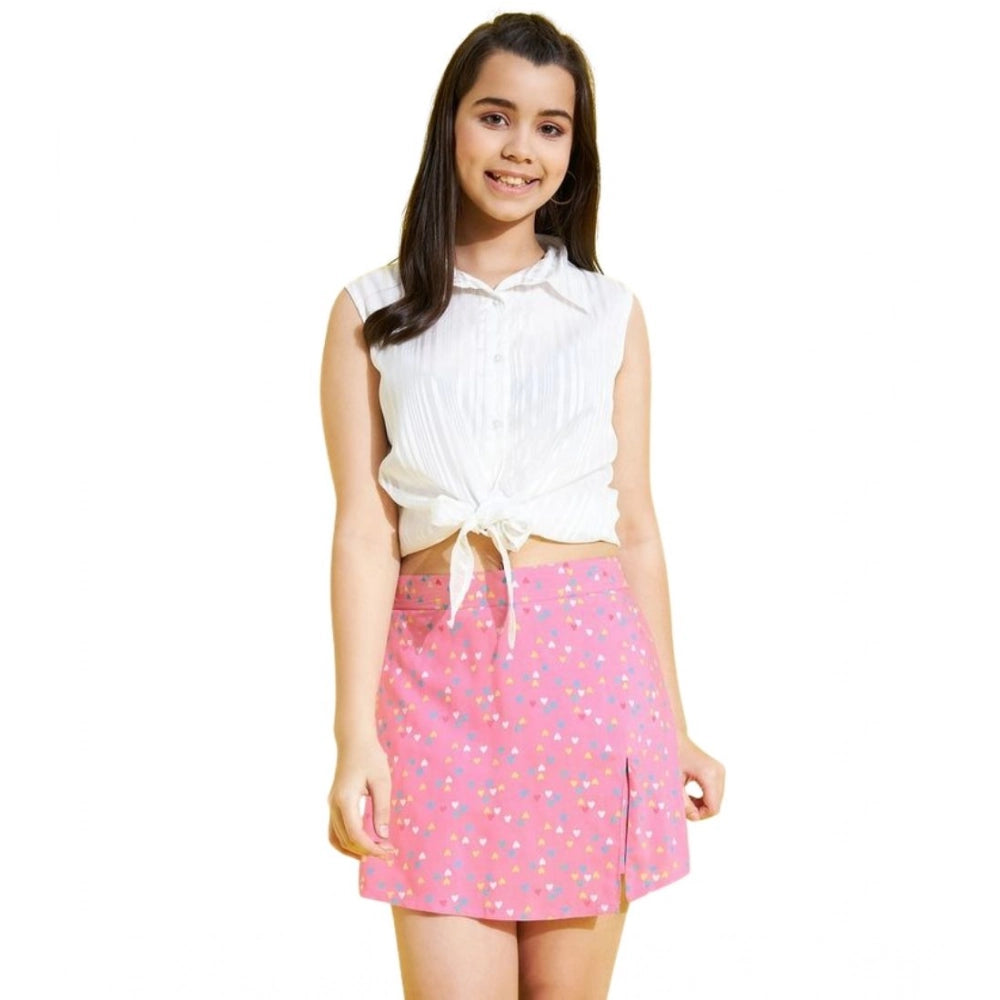 HamariDookan Girl's Polyester Lurex Printed Sleeveless Skorts Set (White-Pink)