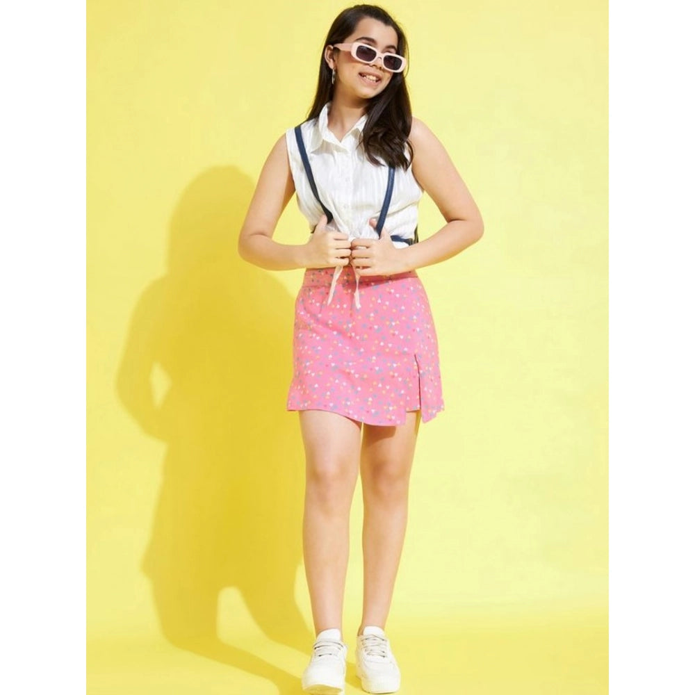 HamariDookan Girl's Polyester Lurex Printed Sleeveless Skorts Set (White-Pink)