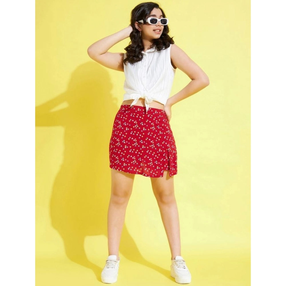 HamariDookan Girl's Polyester Lurex Printed Sleeveless Skorts Set (White-Red)
