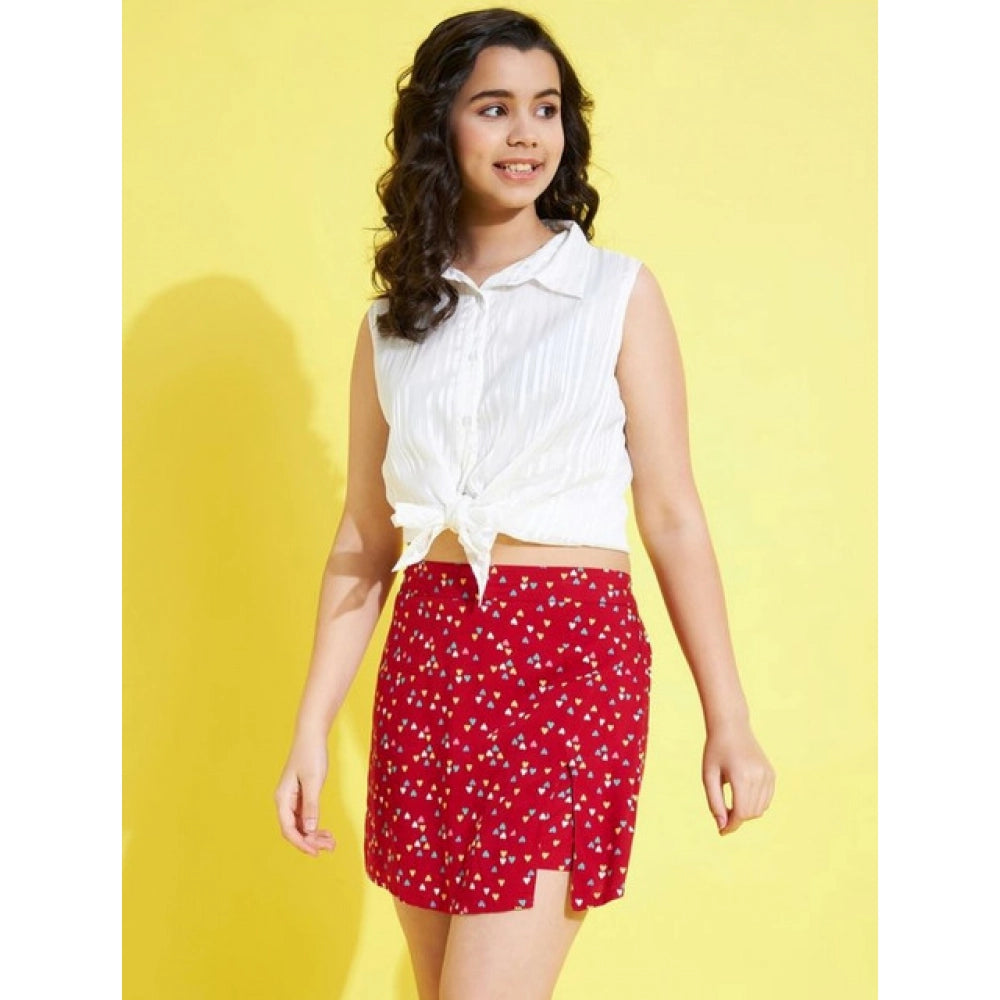 HamariDookan Girl's Polyester Lurex Printed Sleeveless Skorts Set (White-Red)