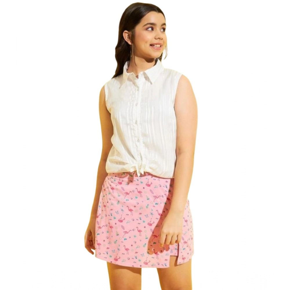 HamariDookan Girl's Polyester Lurex Printed Sleeveless Top Set (Pink-White)