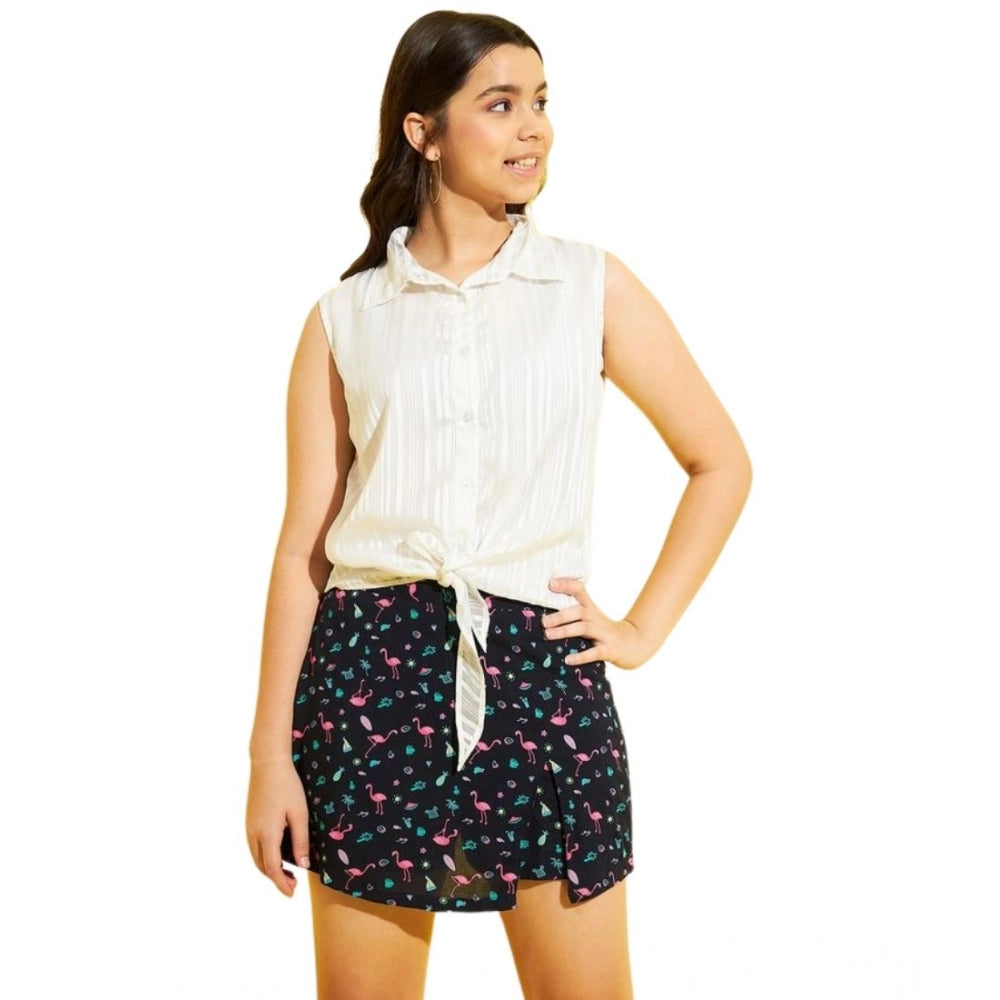 HamariDookan Girl's Polyester Lurex Printed Sleeveless Top Set (White-Navy)