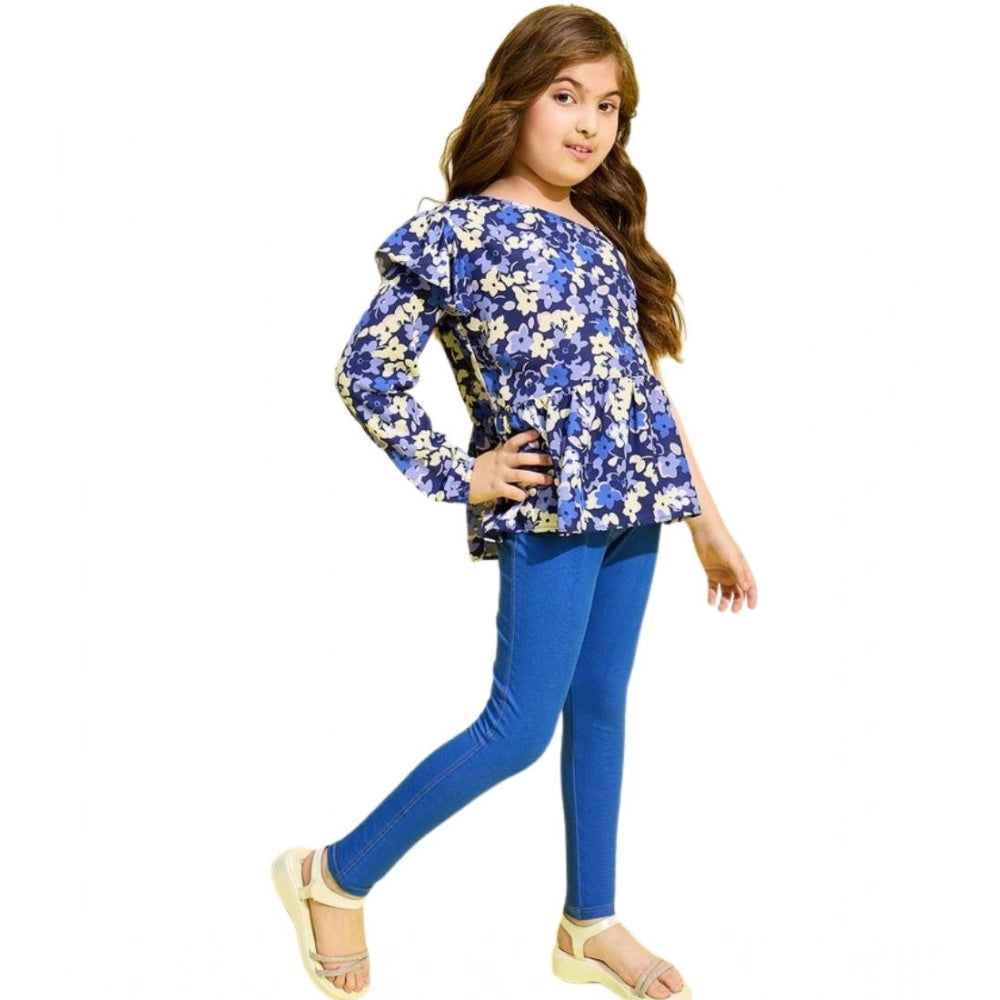 HamariDookan Girl's Polyester Floral One Shoulder Jeggings Set (Blue)