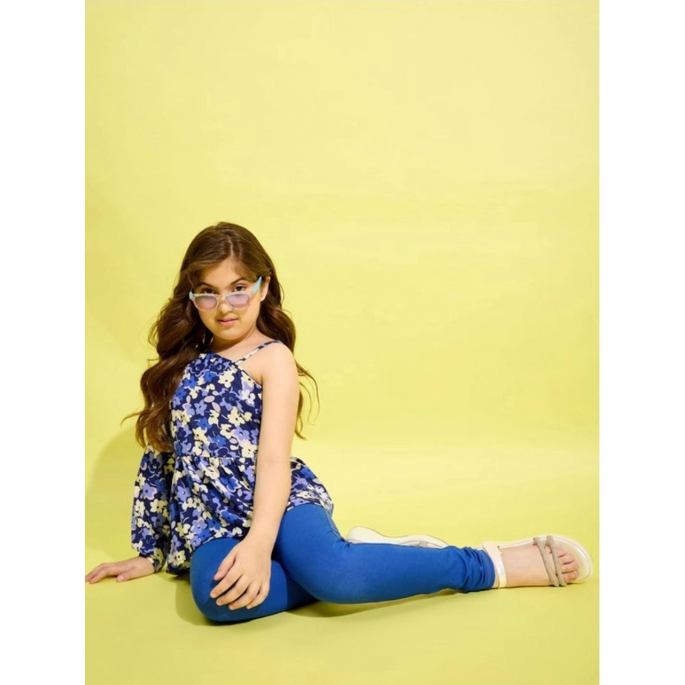 HamariDookan Girl's Polyester Floral One Shoulder Jeggings Set (Blue)