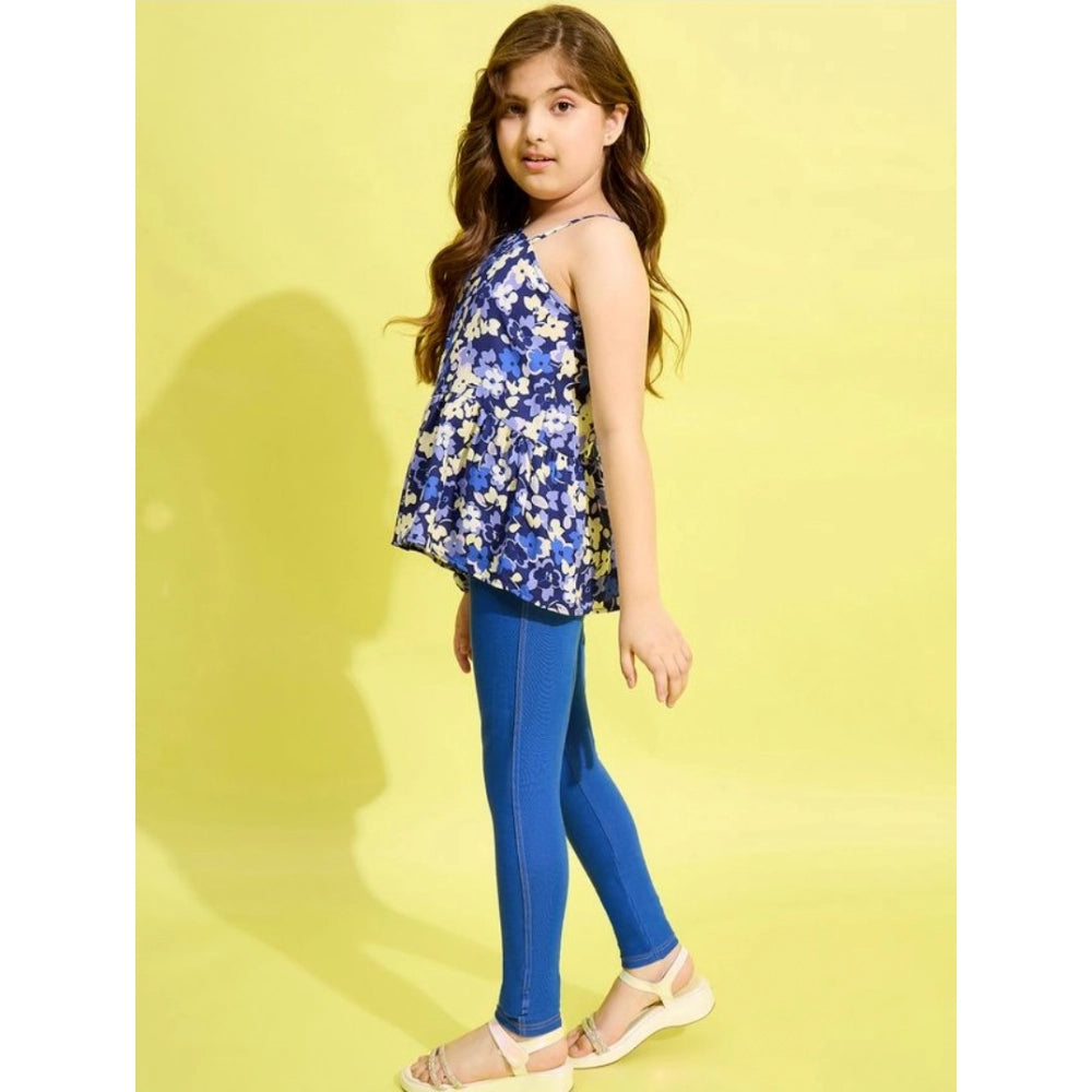 HamariDookan Girl's Polyester Floral One Shoulder Jeggings Set (Blue)