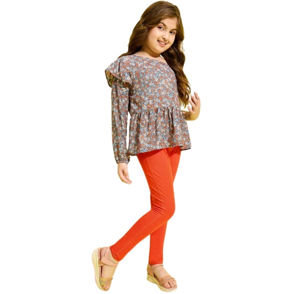 HamariDookan Girl's Polyester Floral One Shoulder Jeggings Set (Grey-Orange)