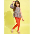 HamariDookan Girl's Polyester Floral One Shoulder Jeggings Set (Grey-Orange)