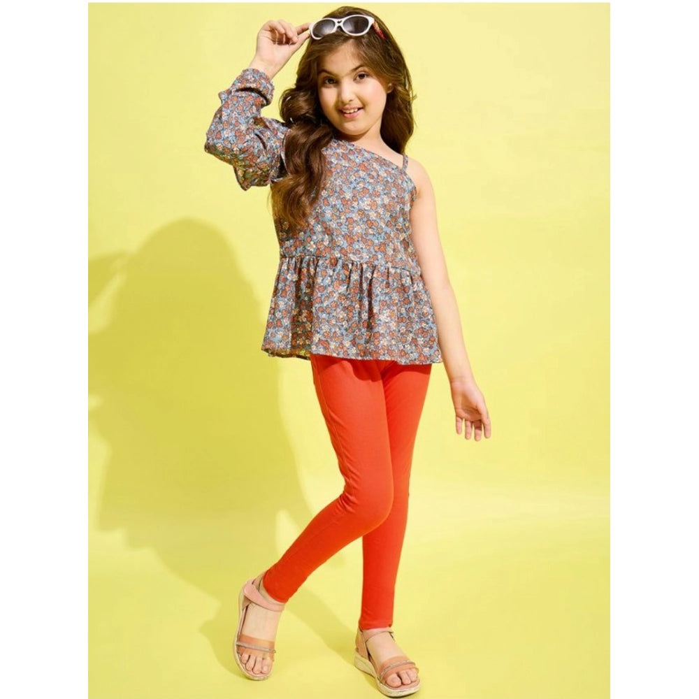HamariDookan Girl's Polyester Floral One Shoulder Jeggings Set (Grey-Orange)