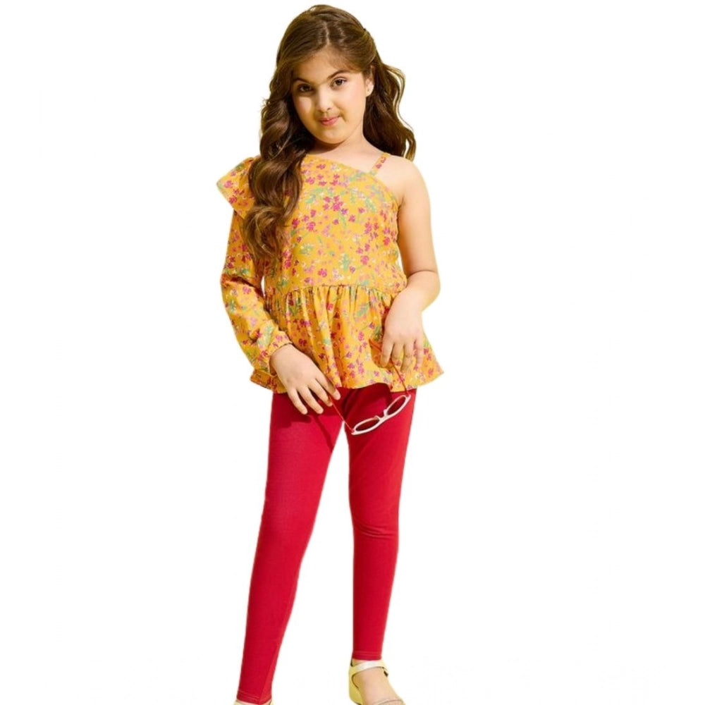 HamariDookan Girl's Polyester Floral One Shoulder Jeggings Set (Yellow-Red)