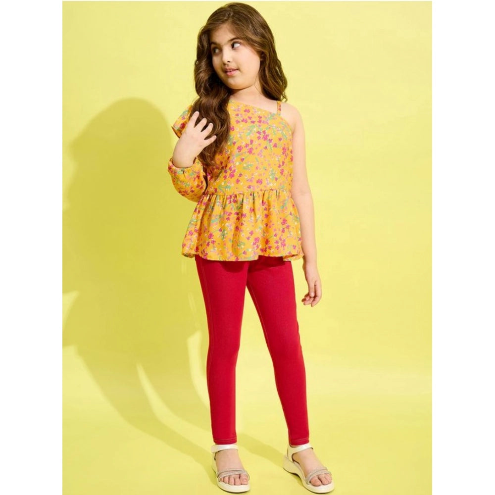 HamariDookan Girl's Polyester Floral One Shoulder Jeggings Set (Yellow-Red)
