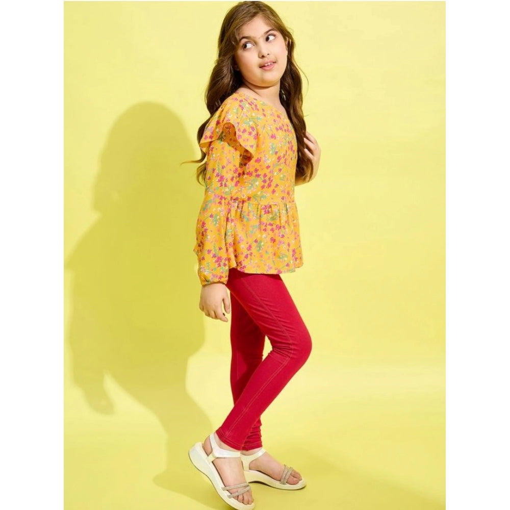 HamariDookan Girl's Polyester Floral One Shoulder Jeggings Set (Yellow-Red)