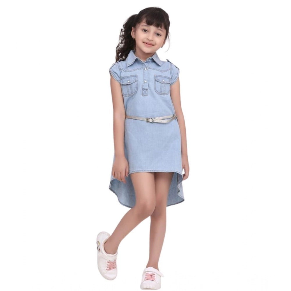 HamariDookan Girl's Denim Hi Lo Short Sleeve Dress with Belt (Blue)