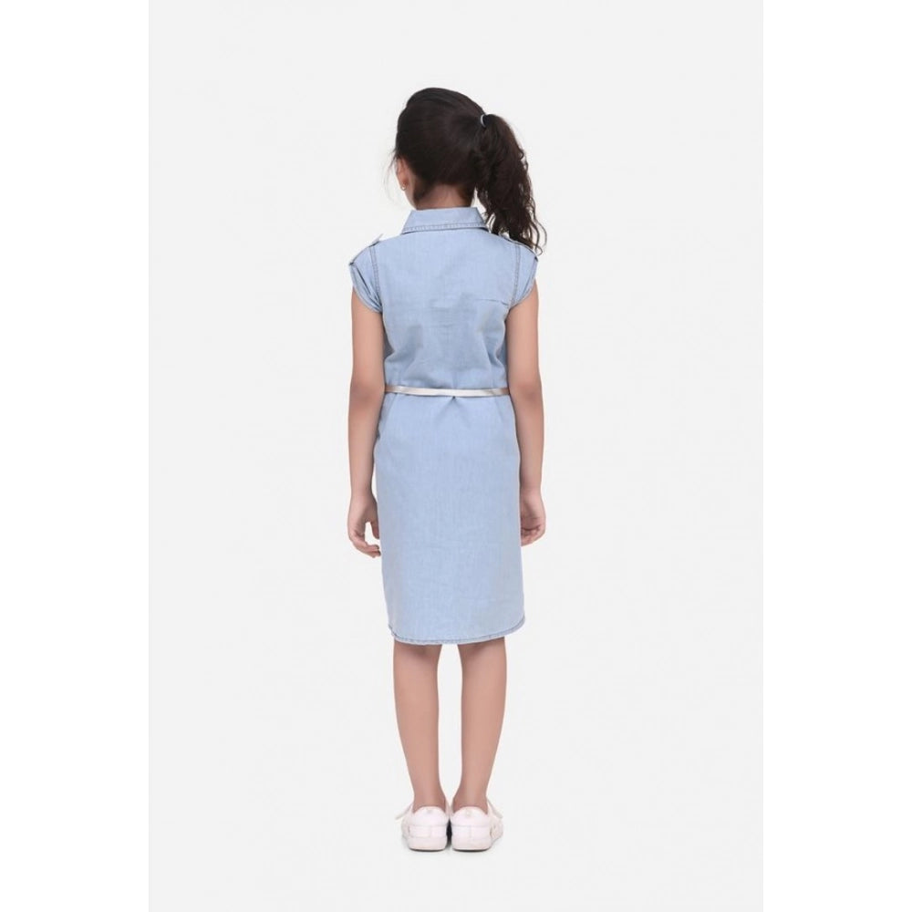 HamariDookan Girl's Denim Hi Lo Short Sleeve Dress with Belt (Blue)