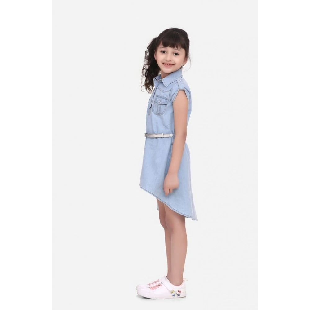 HamariDookan Girl's Denim Hi Lo Short Sleeve Dress with Belt (Blue)