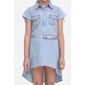 HamariDookan Girl's Denim Hi Lo Short Sleeve Dress with Belt (Blue)