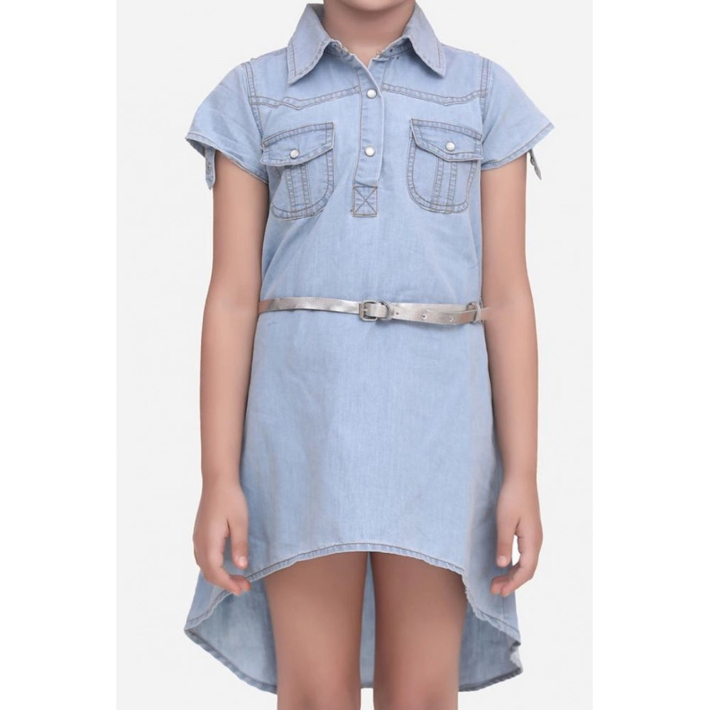 HamariDookan Girl's Denim Hi Lo Short Sleeve Dress with Belt (Blue)