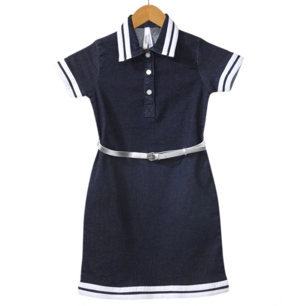 HamariDookan Girl's Denim Lycra Ribbed Elasticated Dress with Belt (Navy Blue-White)