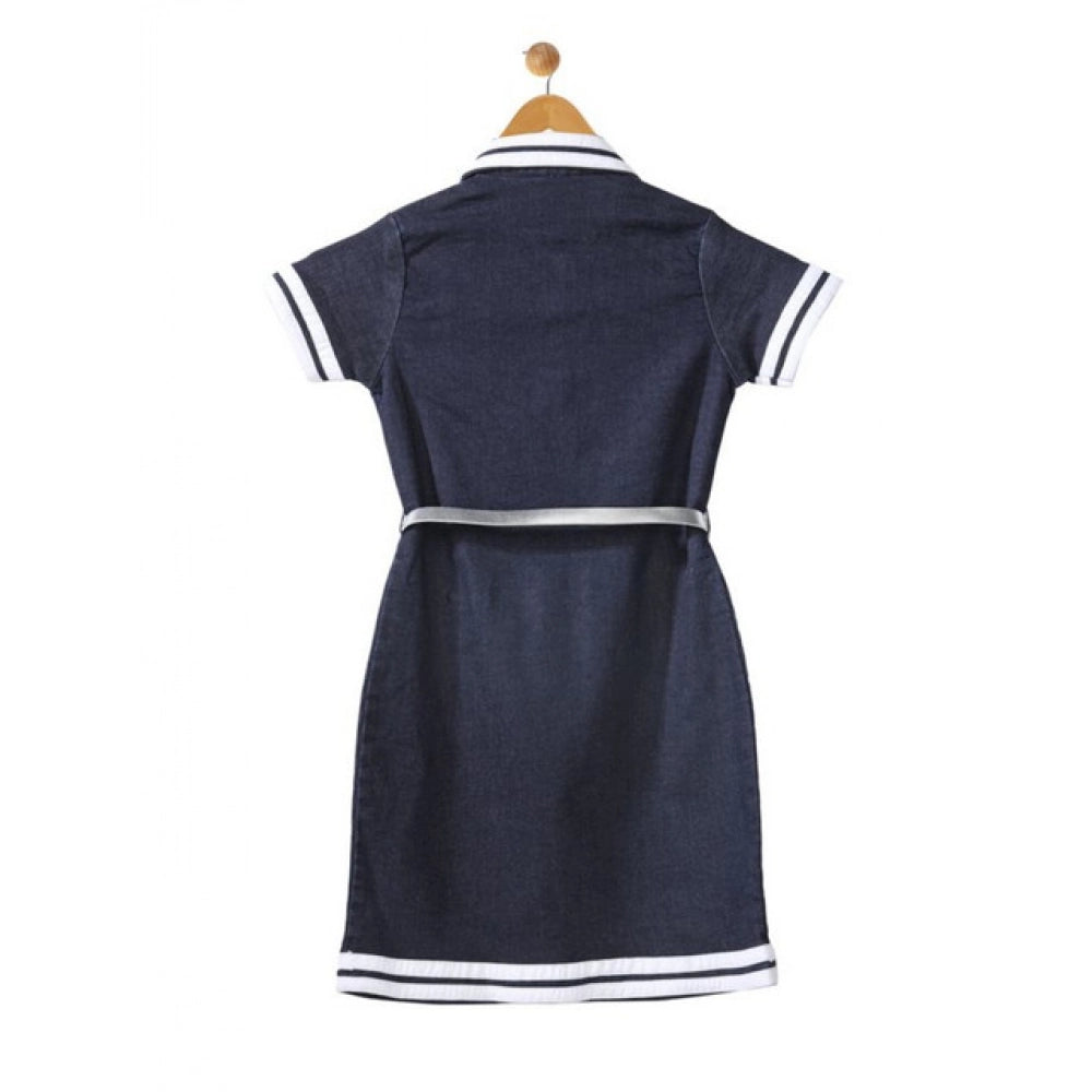 HamariDookan Girl's Denim Lycra Ribbed Elasticated Dress with Belt (Navy Blue-White)