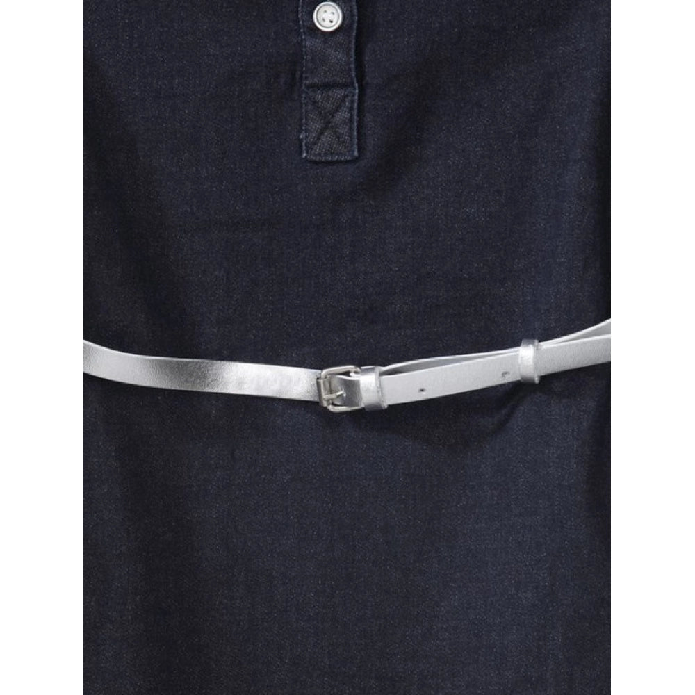 HamariDookan Girl's Denim Lycra Ribbed Elasticated Dress with Belt (Navy Blue-White)