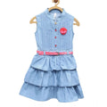 HamariDookan Girl's Denim Embellished Sleeveless Dress with Belt (Light Blue)