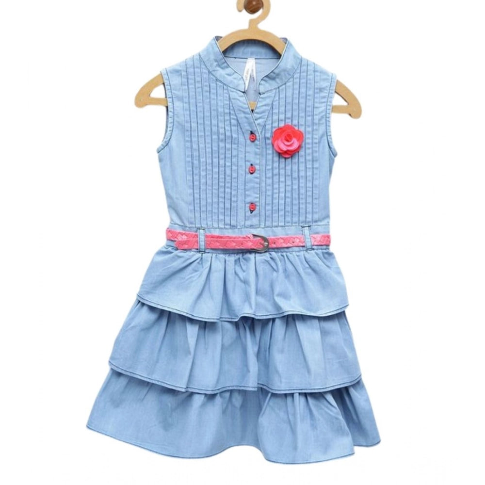 HamariDookan Girl's Denim Embellished Sleeveless Dress with Belt (Light Blue)