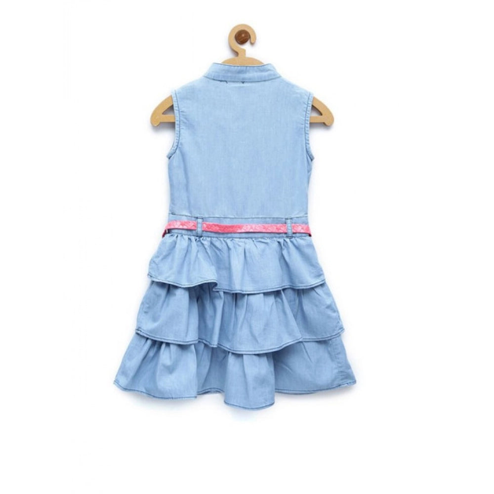 HamariDookan Girl's Denim Embellished Sleeveless Dress with Belt (Light Blue)