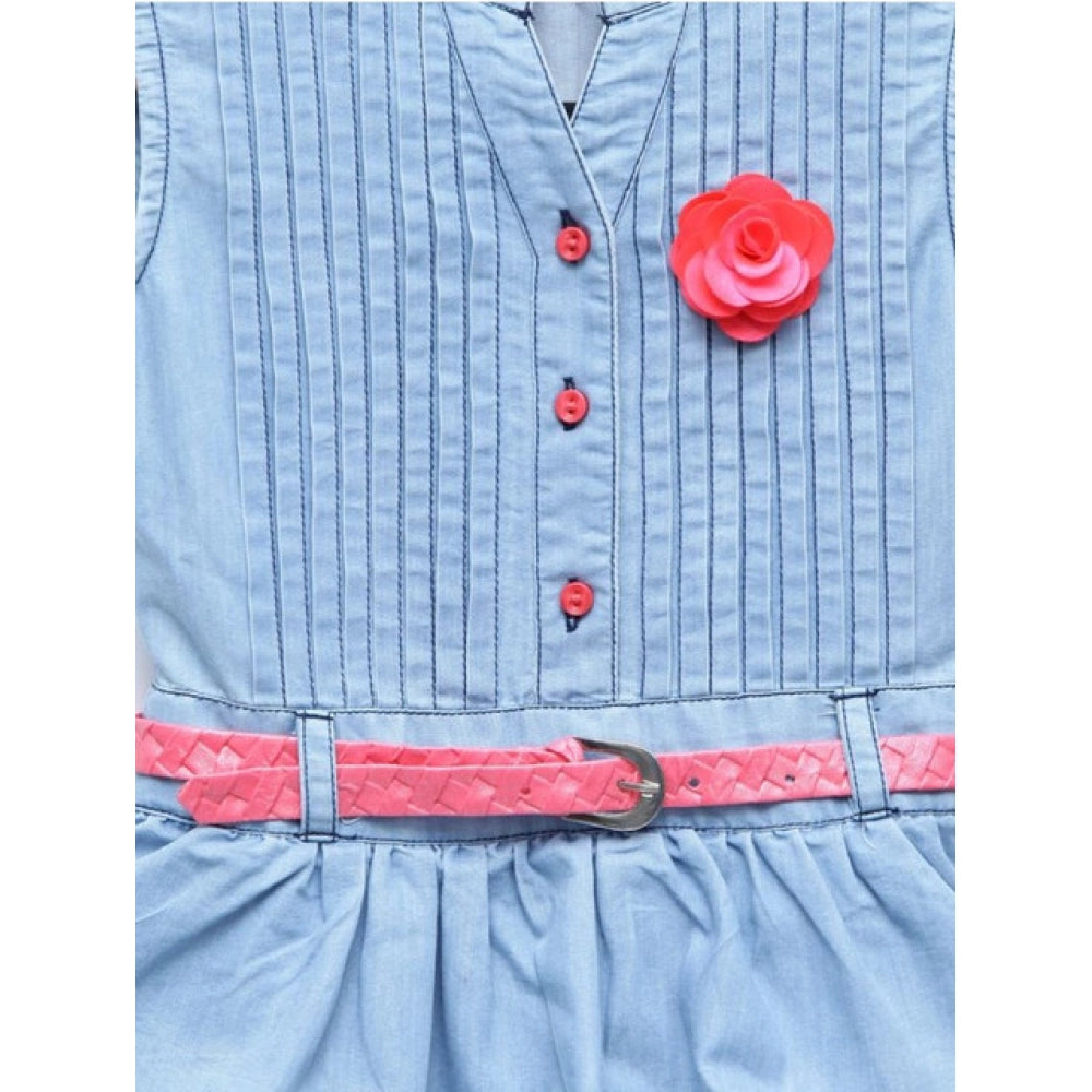 HamariDookan Girl's Denim Embellished Sleeveless Dress with Belt (Light Blue)