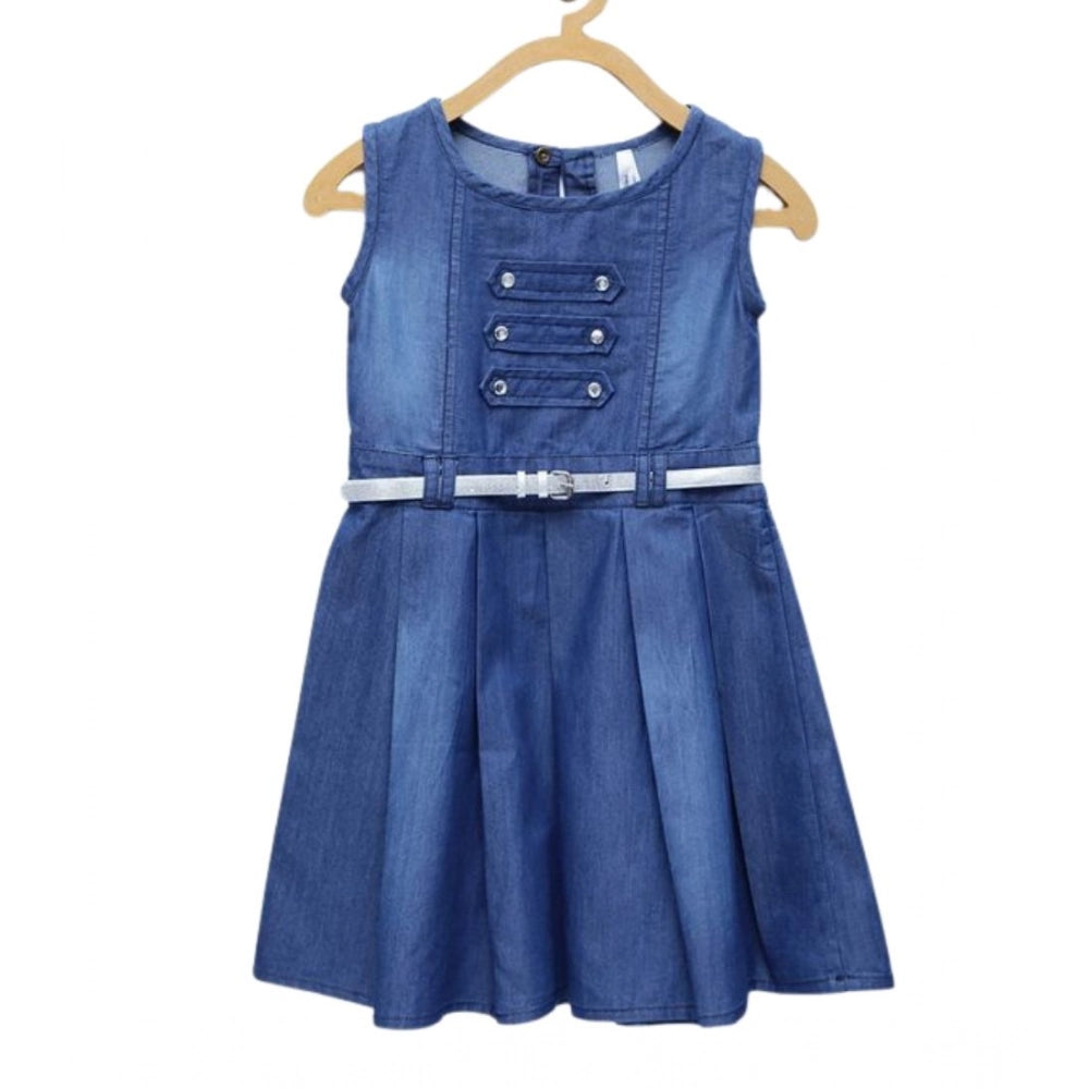 HamariDookan Girl's Denim Embellished Sleeveless Dress with Belt (Blue)