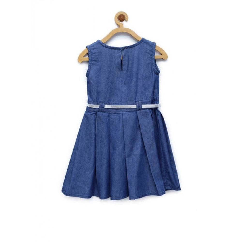 HamariDookan Girl's Denim Embellished Sleeveless Dress with Belt (Blue)