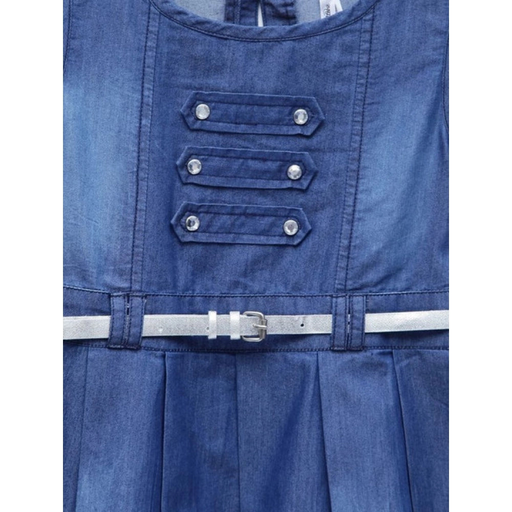 HamariDookan Girl's Denim Embellished Sleeveless Dress with Belt (Blue)