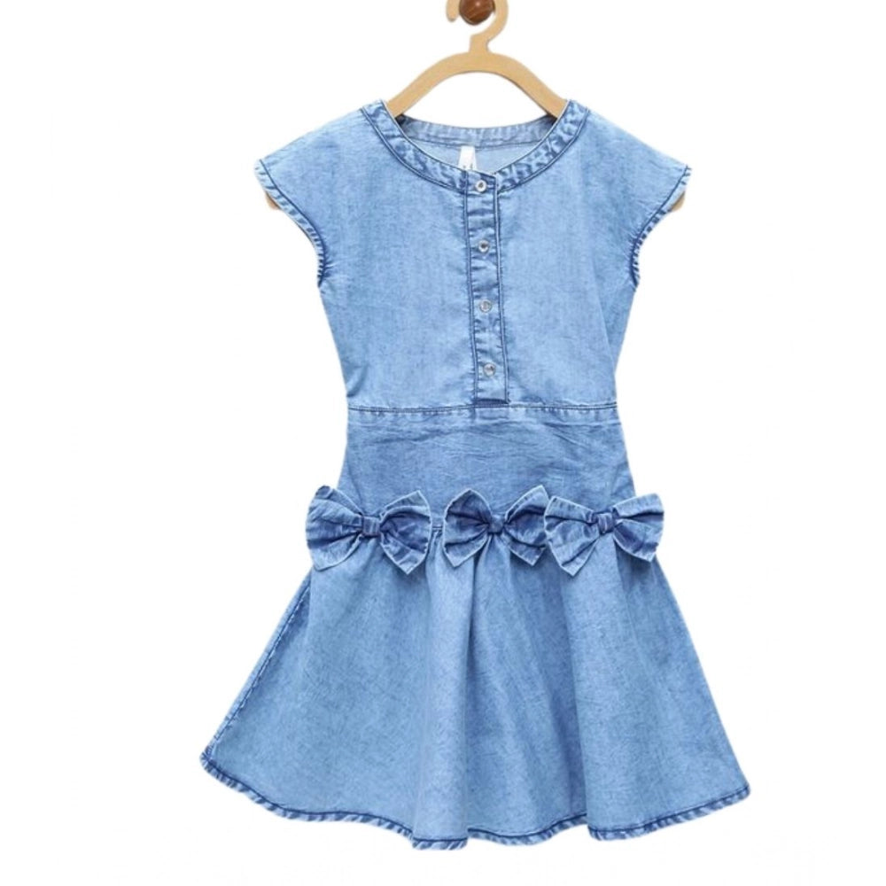 HamariDookan Girl's Denim Embellished Cap Sleeve bow Dress (Light Blue)