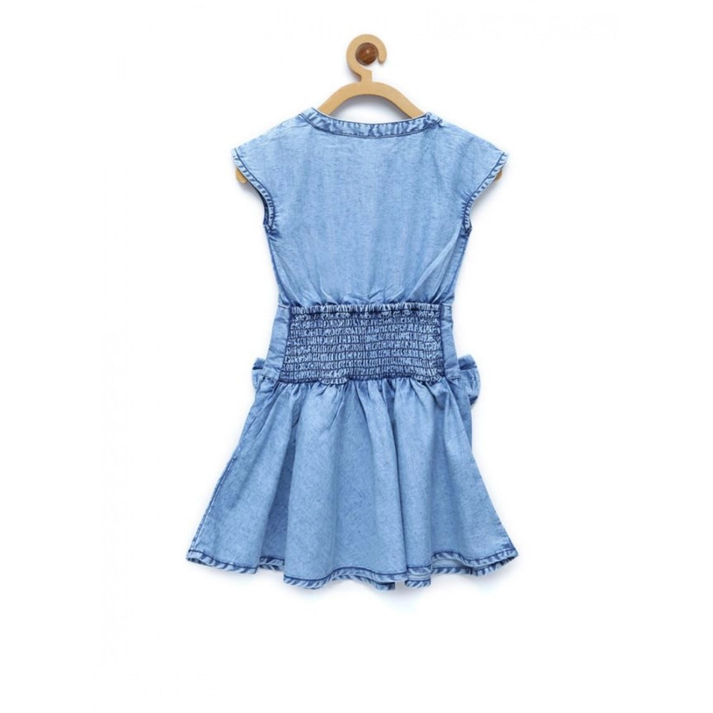 HamariDookan Girl's Denim Embellished Cap Sleeve bow Dress (Light Blue)