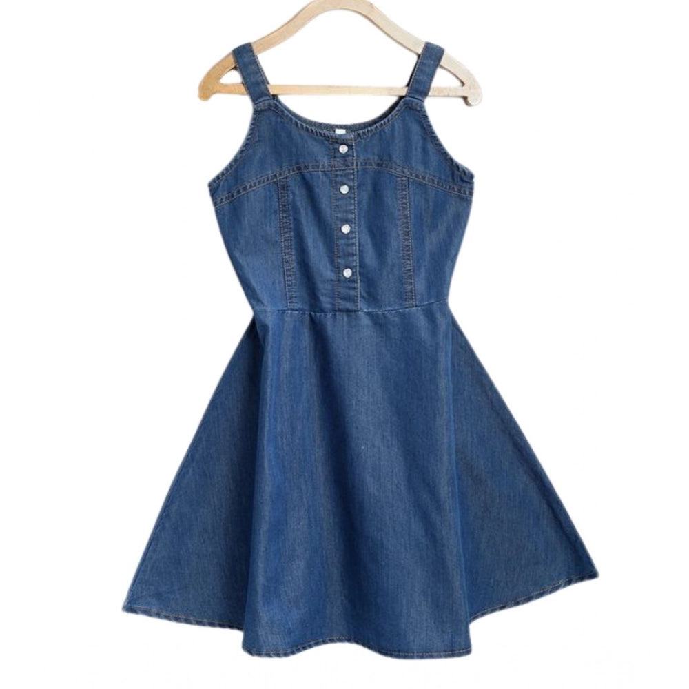HamariDookan Girl's Denim Printed Short Sleeve Dress with Straps (Blue)