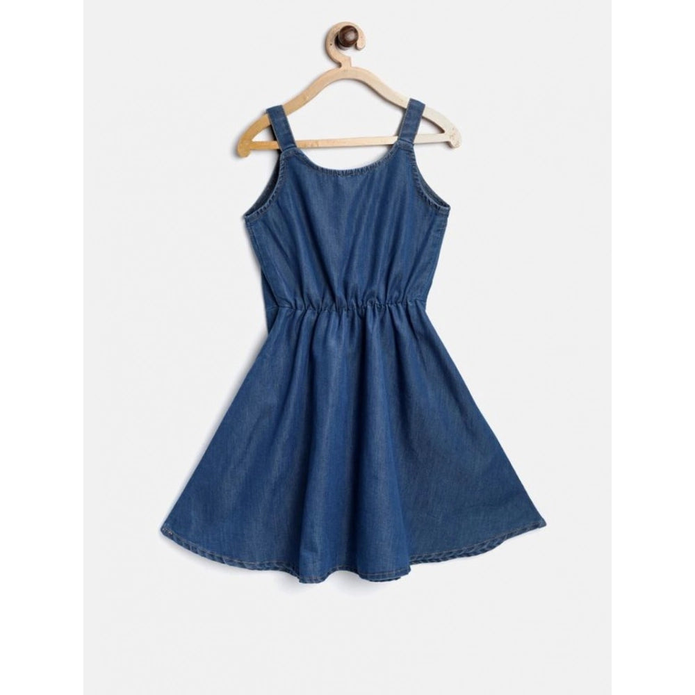 HamariDookan Girl's Denim Printed Short Sleeve Dress with Straps (Blue)