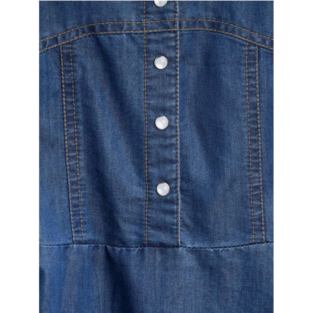 HamariDookan Girl's Denim Printed Short Sleeve Dress with Straps (Blue)