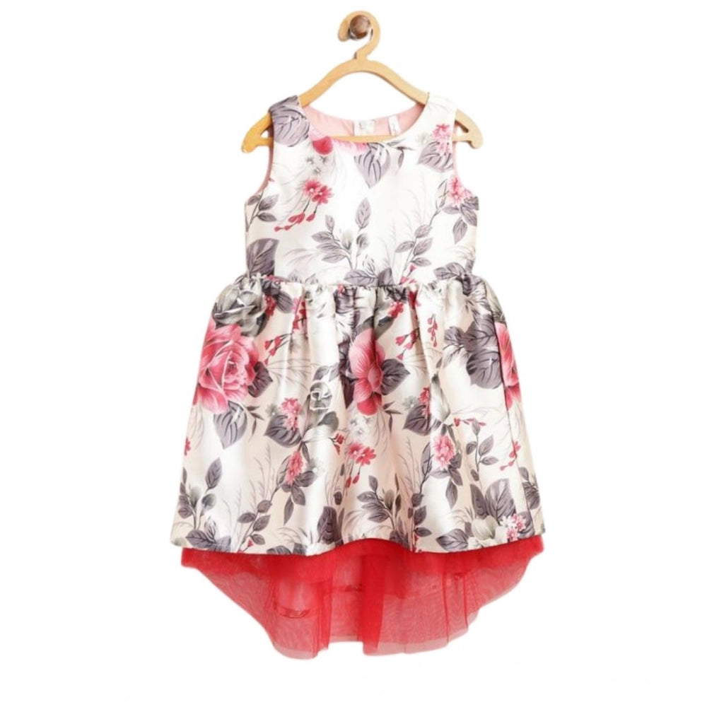 HamariDookan Girl's Polyester &amp; Net Inset Sleeveless Dress with Net Inset (Off White)