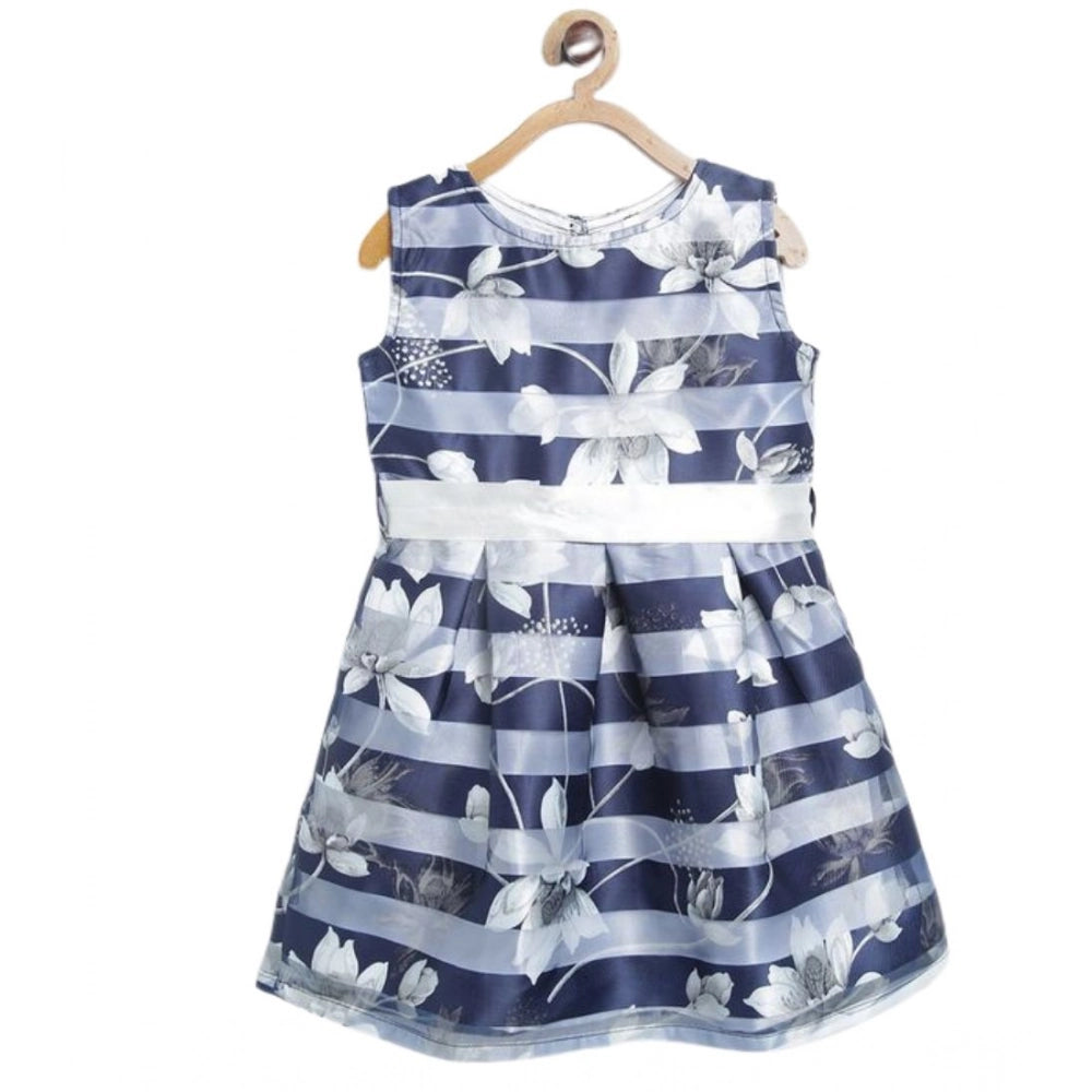 HamariDookan Girl's Polyester Striped Sleeveless Dress (Navy Blue)