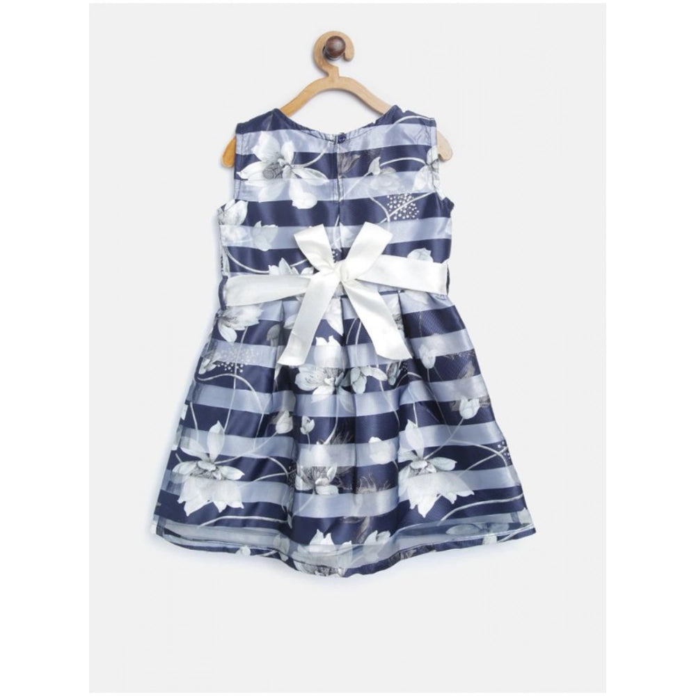 HamariDookan Girl's Polyester Striped Sleeveless Dress (Navy Blue)