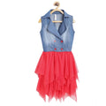 HamariDookan Girl's Denim Roll Up Buttoned Dress (Blue-Red)