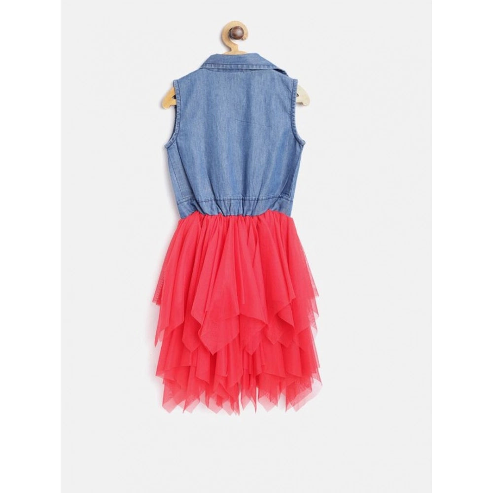 HamariDookan Girl's Denim Roll Up Buttoned Dress (Blue-Red)